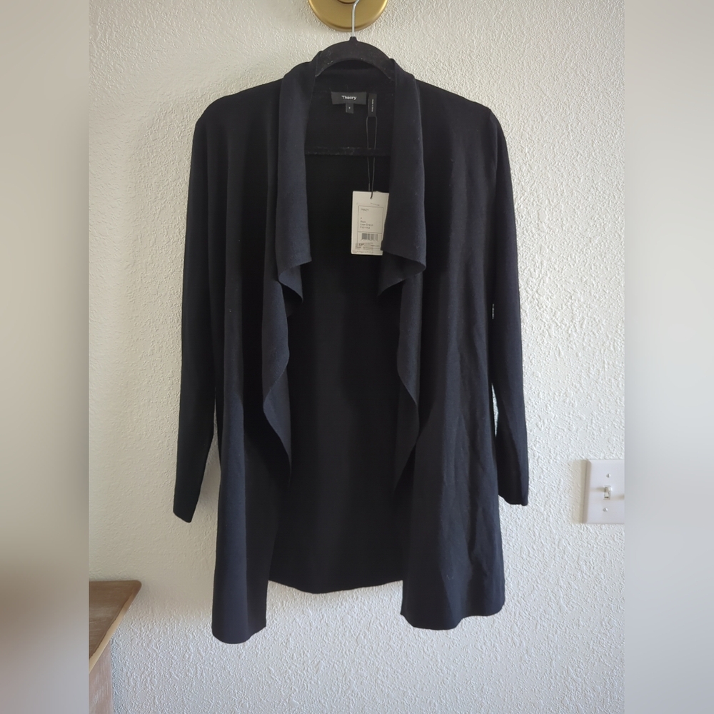Theory Trincy Evian Open Front Cardigan Sz P Black Wool Career Capsule Wardrobe$